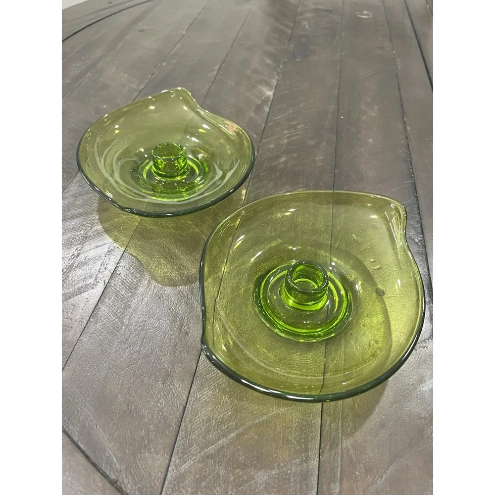 Viking Art Amoebic Epic Glass Candle‎ Holders #1196 Avocado Green Set of 2 MCM